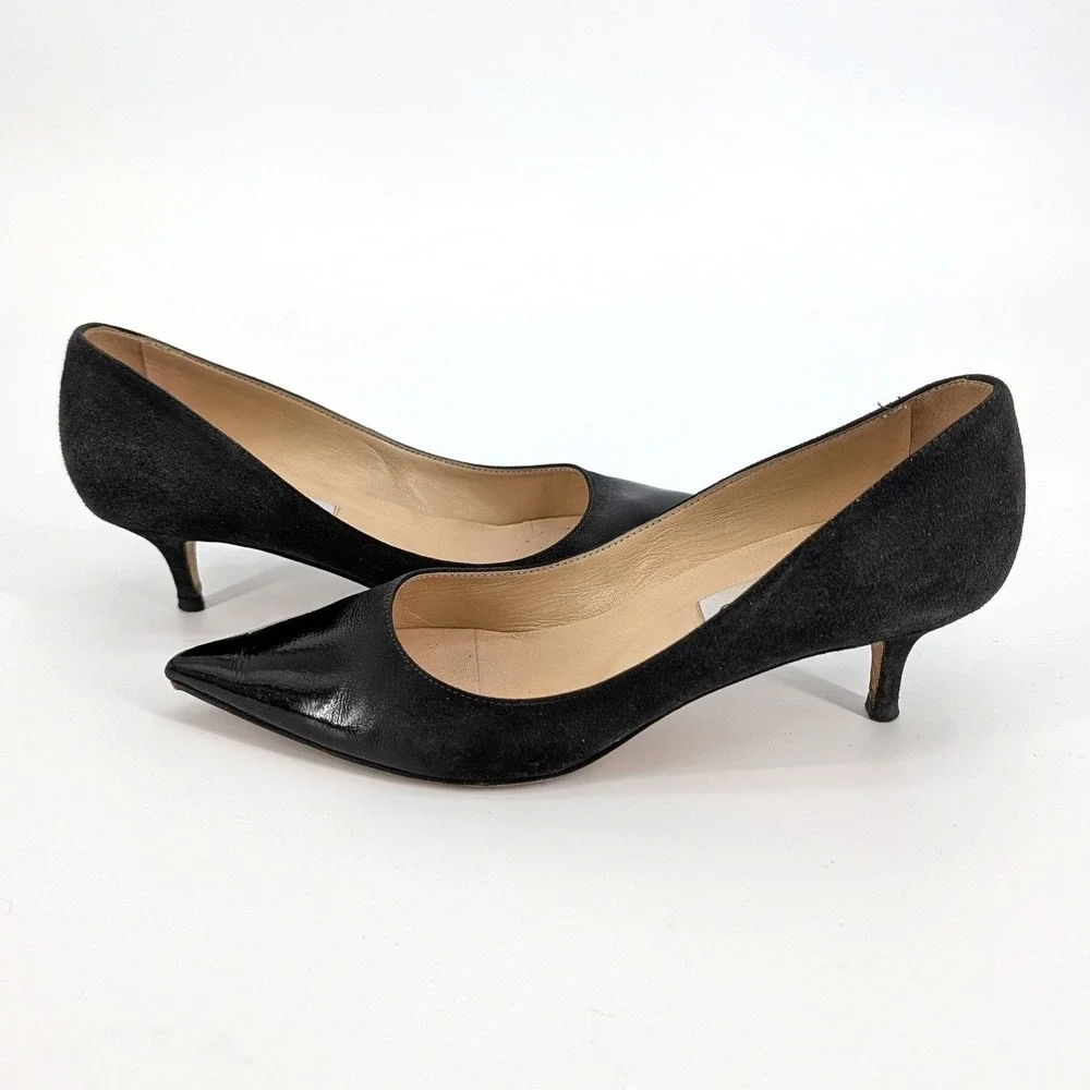 Jimmy Choo Black Suede Patent Leather Kitten Heel Pointed Toe Pumps Size 37.5